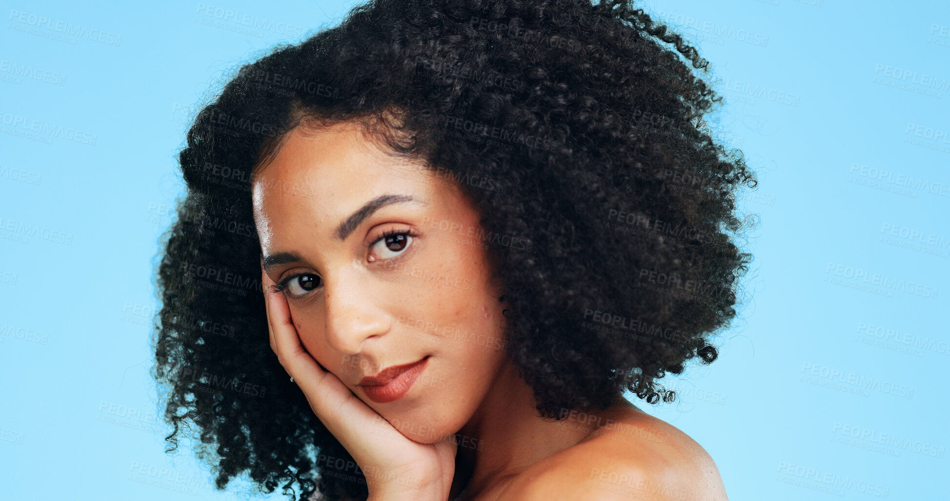 Buy stock photo Skincare, portrait or woman in studio with glow, shine or soft touch in facial care. Wellness, results or person on blue background with confidence, dermatology or natural cosmetics for smooth skin.