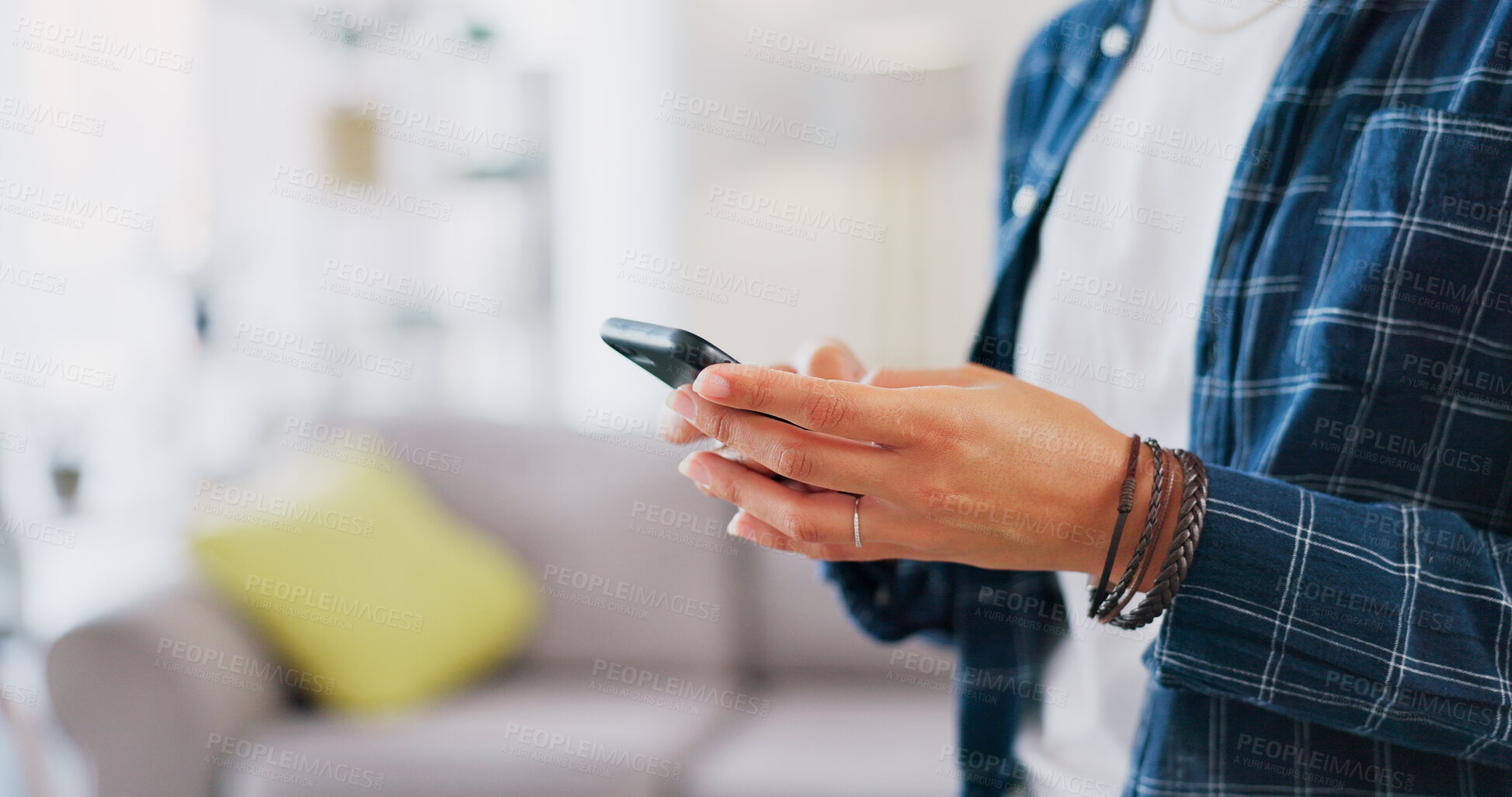 Buy stock photo Hands, phone and woman in home for online post, social media profile or download with space. Mobile, apartment and person on chat forum for communication, comment or website browsing on internet