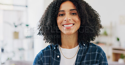 Buy stock photo Wellness, portrait and woman in home with smile, positive attitude or optimism on weekend break. Happy, day off or person in lounge with good mood, confidence and satisfaction in Los Angeles.