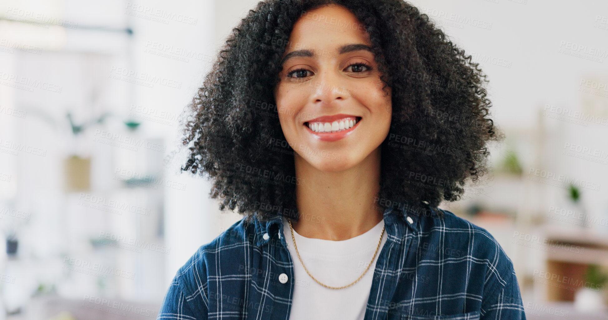 Buy stock photo Wellness, portrait and woman in home with smile, positive attitude or optimism on weekend break. Happy, day off or person in lounge with good mood, confidence and satisfaction in Los Angeles.