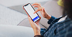 Hands, phone screen and travel website with woman in home living room for online booking. Above, scrolling and trip planning with person on sofa in apartment for transportation agenda or schedule