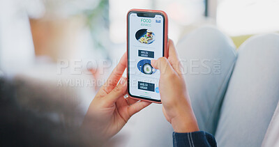 Buy stock photo Hands, phone screen and takeout food with person on sofa in home for online order or scrolling. App, ecommerce and meal menu with woman in living room of apartment for choice, decision or purchase