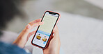 Hands, phone screen and woman in home with travel app, organize holiday and website guide. Mobile display, house and person planning vacation, booking trip and reading info for accommodation space