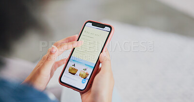 Buy stock photo Hands, phone screen and woman in home with travel app, organize holiday and website guide. Mobile display, house and person planning vacation, booking trip and reading info for accommodation space