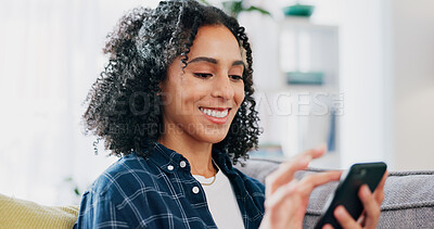 Buy stock photo Laugh, texting and woman on couch with phone, online communication and comic post on social media. Happy, digital and female person in house with tech, funny message or meme reaction on chat app.