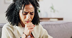 Sick woman, cough and sofa with illness, sinus or allergy for virus, infection or hayfever in home. Frustrated, female person or asthma with tuberculosis, influenza or chest pain on couch in house