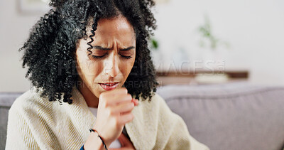 Buy stock photo Sick woman, cough and sofa with illness, sinus or allergy for virus, infection or hayfever in home. Cold, female person or asthma with tuberculosis, influenza or health risk on couch in house
