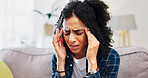 Woman, stress and sofa with headache in home for pressure, bad strain or mental health. Frustrated, migraine or female person with depression, pain or ache on couch for vertigo or dizziness in house