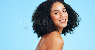 Buy stock photo Skincare, shine or woman in studio with portrait, glow or clean beauty in facial care. Wellness, space or person on blue background with confidence, dermatology or natural cosmetics for smooth skin.