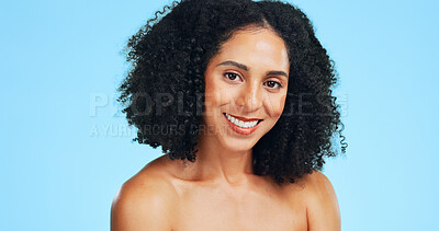 Buy stock photo Skincare, glow or woman in studio with portrait, shine or clean beauty in facial care. Wellness, smile or person on blue background with confidence, dermatology or natural cosmetics for smooth skin.