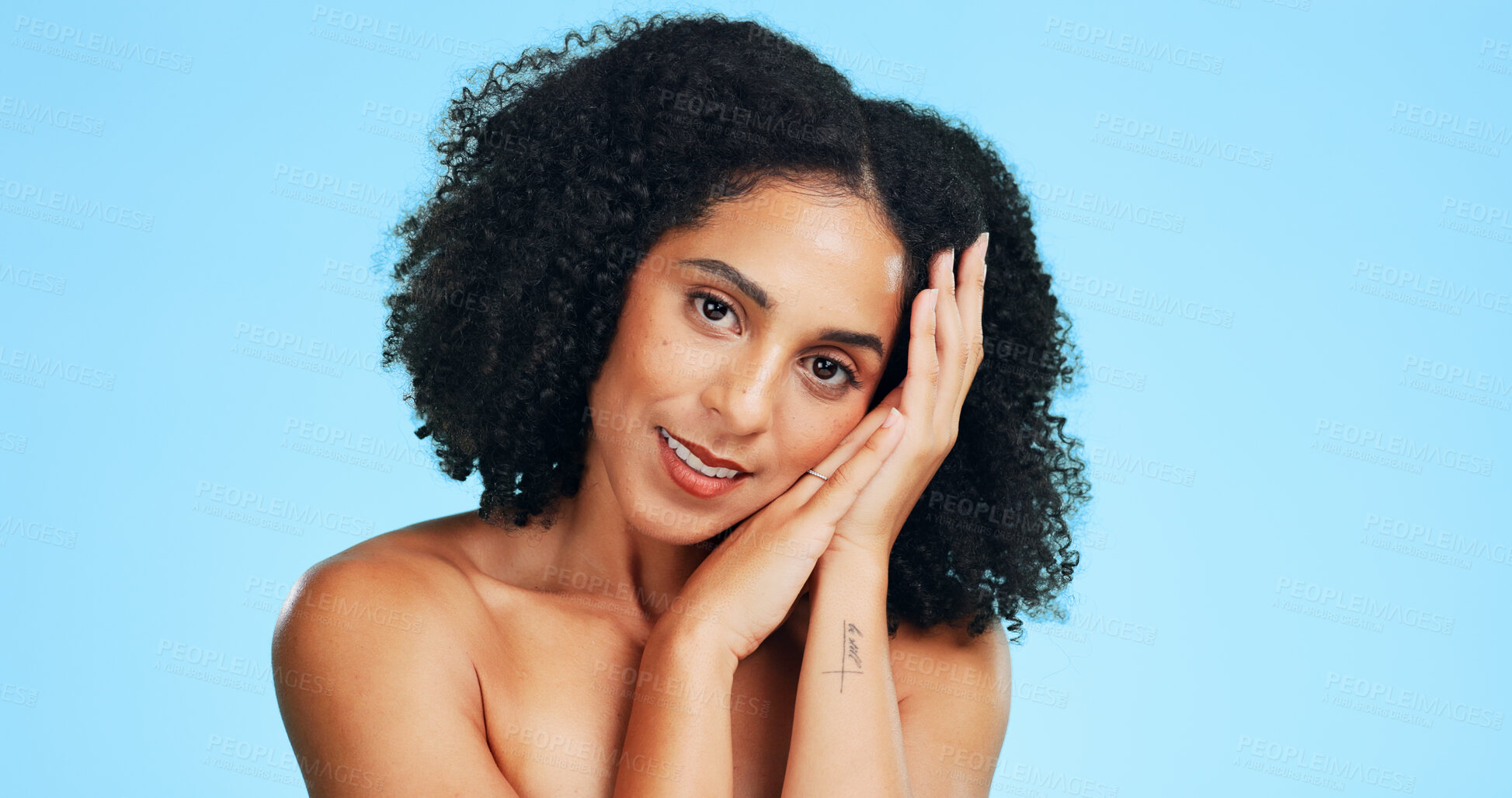 Buy stock photo Portrait, skincare and happy woman in studio for shine, dermatology and wellness on blue background. Cosmetic, smile or person with facial glow for natural beauty, aesthetic or smooth skin with space