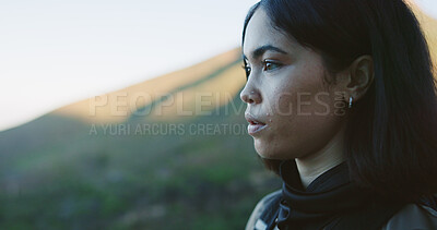 Buy stock photo Hiking, thinking and woman in nature for travel, holiday  break or sightseeing adventure with space. Reflection, hiker and serious person outdoor for tourism, mountain view or perspective on vacation