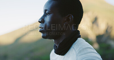 Buy stock photo Man, thinking and hiking on mountain with break, fitness and tourist exploration outdoor for weekend. Space, black person relax and reflection in nature with profile, wellness and sightseeing trip.