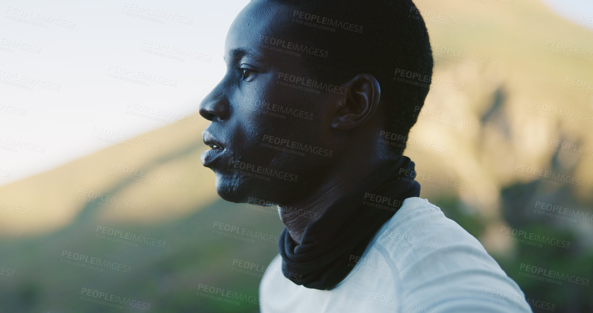 Buy stock photo Man, thinking and hiking on mountain with break, fitness and tourist exploration outdoor for weekend. Space, black person relax and reflection in nature with profile, wellness and sightseeing trip.