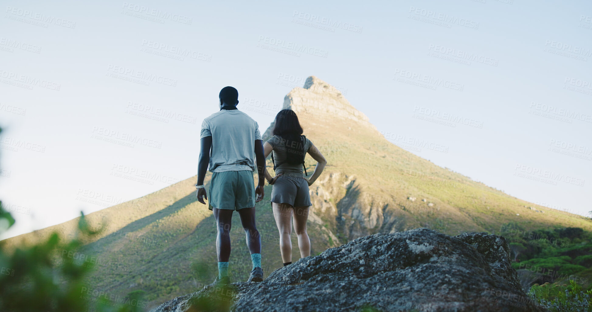 Buy stock photo Back, couple and hiking for fitness on cliff for travel, adventure and outdoor view on holiday. Space, people and trekking mountain for sightseeing, explore nature and fresh air on getaway vacation
