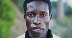 Portrait, tired and black man for fitness in nature from exercise, intense training and recovery. Sweating, male person and exhausted with fatigue, athlete burnout and break from workout challenge