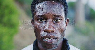Buy stock photo Portrait, tired and black man for fitness in nature for exercise, intense training and recovery. Sweating, male person and exhausted with fatigue, athlete burnout and break from workout challenge