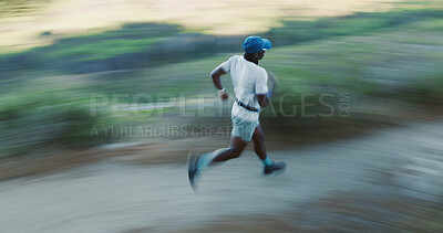 Buy stock photo Exercise, black man and running in woods with motion blur, body health and cardio endurance workout. Person, outdoor and fast runner in forest for fitness, training and practice sprint with speed