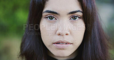 Buy stock photo Outdoor, serious and woman with portrait for holiday, weekend break and abroad trip for tourism. Summer vacation, tourist or person with overseas travel for sightseeing, nature or fresh air to relax
