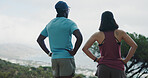Fitness, back and couple with view of city for exercise break, nature appreciation and relax. Active relationship, people and sightseeing outdoor for cardio rest, ocean scenery and marathon recovery