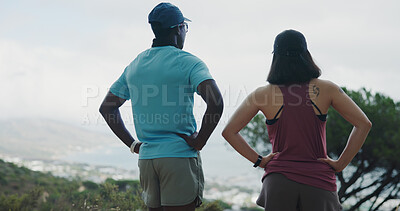 Buy stock photo Fitness, back and couple with view of city for exercise break, nature appreciation and relax. Active relationship, people and sightseeing outdoor for cardio rest, ocean scenery and marathon recovery