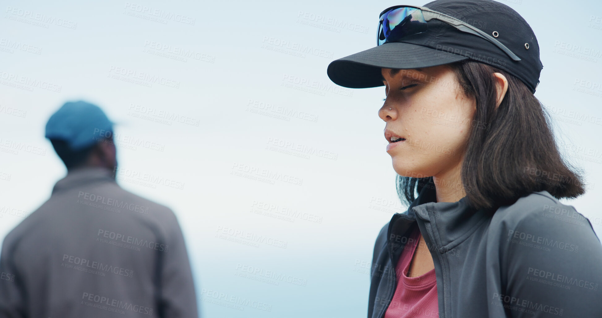Buy stock photo Breathe, hiking and people with break for fitness, trekking or adventure with mountain trail. Outdoor, hiker or friends with rest for travel, exercise or journey for holiday and explore nature