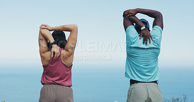 Buy stock photo People, fitness and stretching with arms for workout preparation or outdoor exercise in nature. Back view, active or interracial couple getting ready with body warm up or blue sky for training