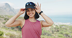 Portrait, outdoor and woman with hat for fitness, confidence and hiking hobby for summer exercise. Smile, pride and person with gear for trekking adventure, mountain exploration and aerobic workout