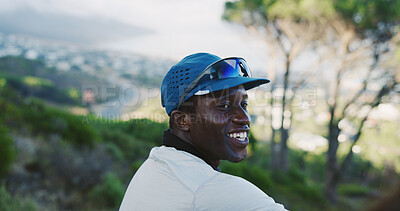Buy stock photo Thinking, smile and black man for fitness in nature from exercise, intense training and wellness. Male person, rest and happiness with reflection, athlete sightseeing and fresh air for workout break
