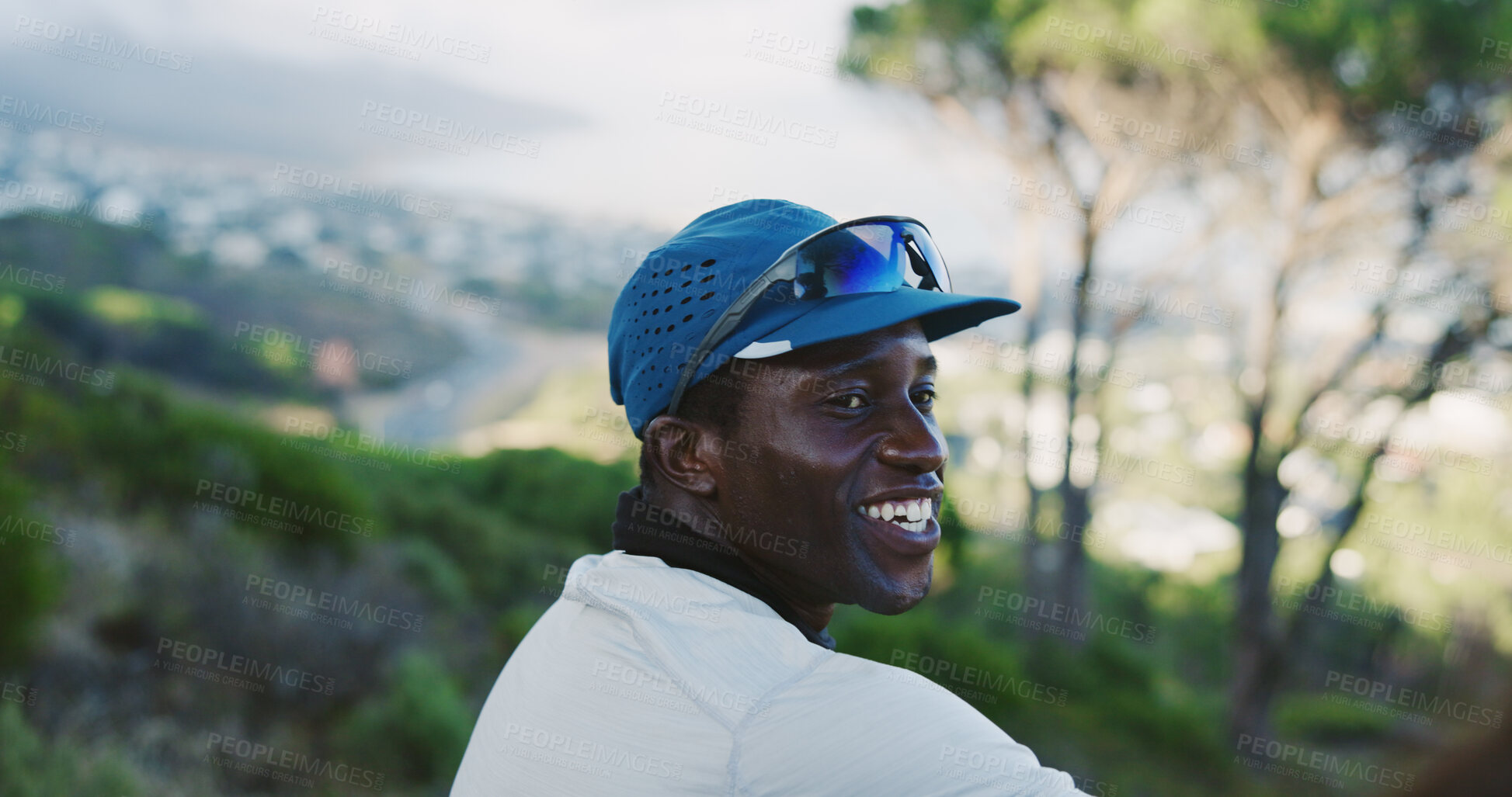 Buy stock photo Thinking, smile and black man for fitness in nature from exercise, intense training and wellness. Male person, rest and happiness with reflection, athlete sightseeing and fresh air for workout break