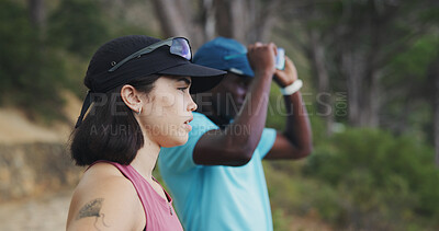 Buy stock photo View, hiking and interracial couple with break for fitness, trekking or adventure with partner. Outdoor, hiker and people with rest for travel, exercise or trip for holiday and explore nature