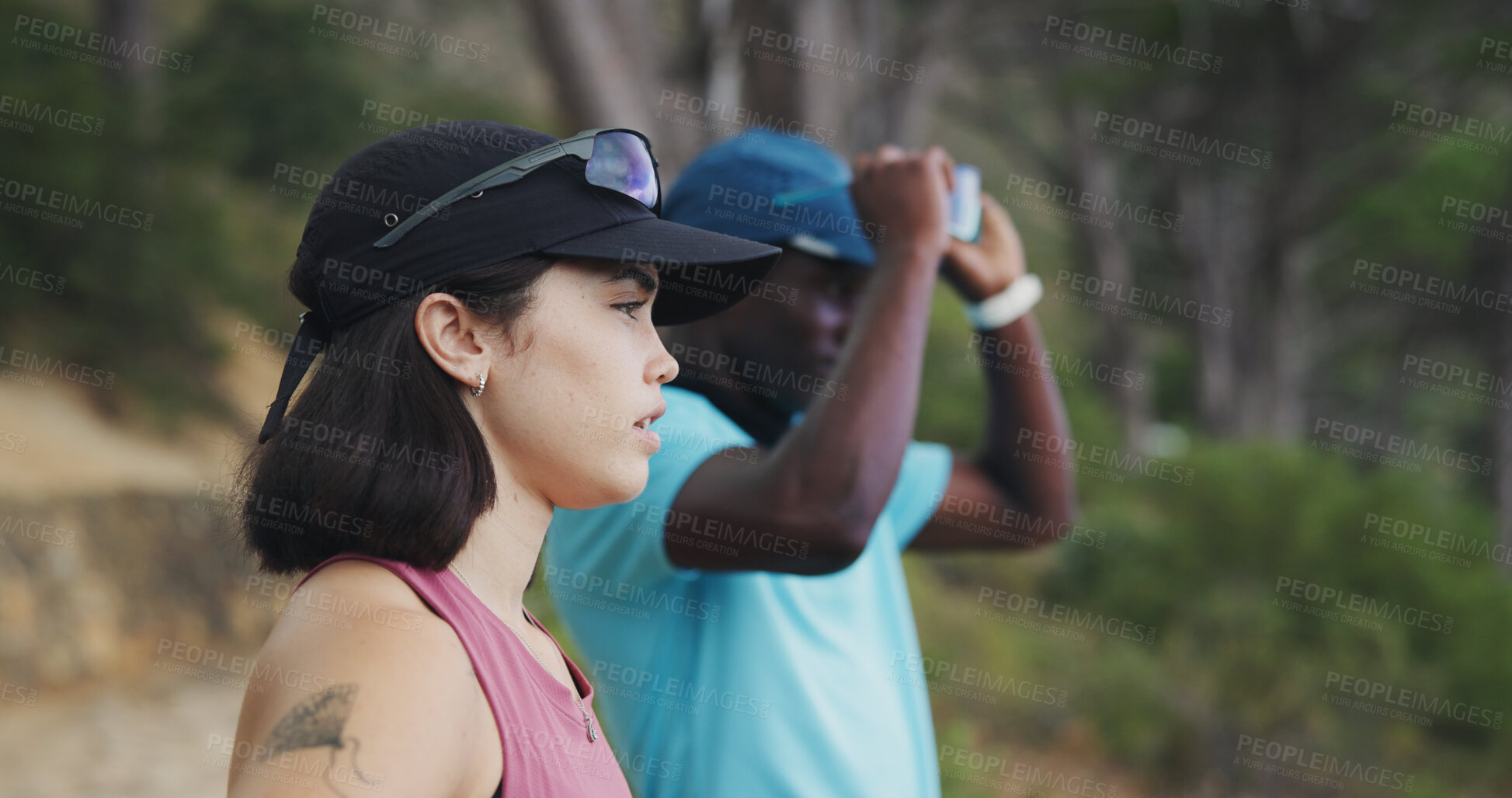 Buy stock photo View, hiking and interracial couple with break for fitness, trekking or adventure with partner. Outdoor, hiker and people with rest for travel, exercise or trip for holiday and explore nature
