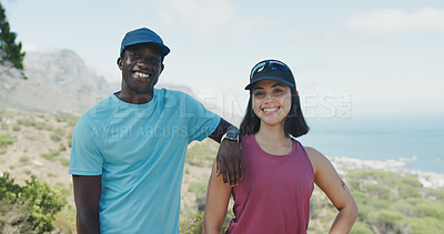 Buy stock photo Portrait, hiking and interracial couple with smile for fitness, trekking or adventure on mountain. Outdoor, hiker or people with view for travel, exercise or holiday and explore nature with blue sky