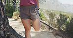 Person, legs and stretching on tree in nature for workout preparation or outdoor exercise. Active, hiker or runner getting ready with body warm up for fitness, training or trekking on trail or path