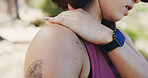 Hand, hiking and woman with shoulder pain, muscle tension and inflammation in forest. Outdoor, hiker and person with fitness, pressure or wellness with ache, strain or travel with joint injury