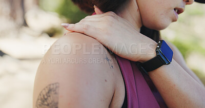 Buy stock photo Hand, hiking and woman with shoulder pain, muscle tension and inflammation in forest. Outdoor, hiker and person with fitness, pressure or wellness with ache, strain or travel with joint injury