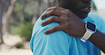 Black man, hands and fitness with shoulder pain in nature for workout accident or strain. Active, male person or sore arm with discomfort for fibromyalgia, overworked exercise or muscle tension