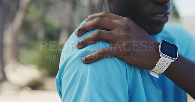 Buy stock photo Black man, hands and fitness with shoulder pain in nature for workout accident or strain. Active, male person or sore arm with discomfort for fibromyalgia, overworked exercise or muscle tension