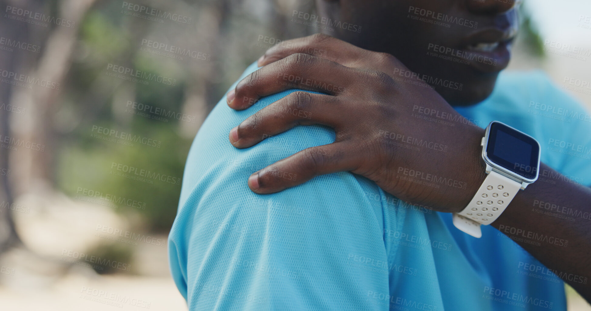 Buy stock photo Black man, hands and fitness with shoulder pain in nature for workout accident or strain. Active, male person or sore arm with discomfort for fibromyalgia, overworked exercise or muscle tension