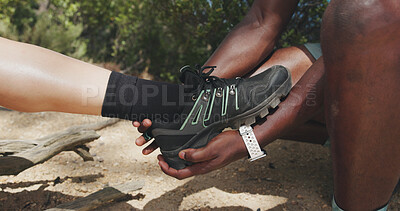 Buy stock photo Fitness, help or couple in nature with leg pain, cardio support or physical injury in exercise together. Sports, man or woman with inflammation, ankle tension or muscle strain with workout assistance