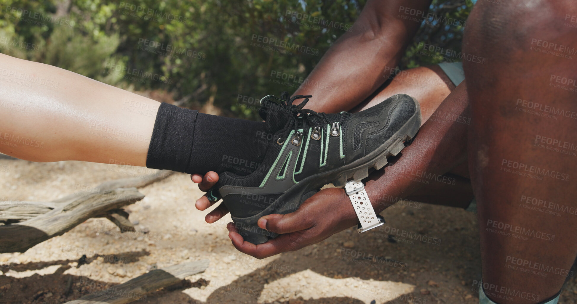 Buy stock photo Fitness, help or couple in nature with leg pain, cardio support or physical injury in exercise together. Sports, man or woman with inflammation, ankle tension or muscle strain with workout assistance