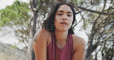 Buy stock photo Fitness, break or woman in nature with portrait, cardio fatigue or rest in outdoor practice. Exercise, stop or runner in forest with low angle, training pause and workout burnout with recovery.