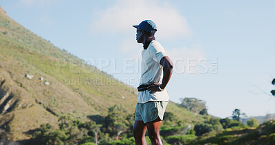 Buy stock photo Break, view and hiking with black man in nature for adventure, fitness or sports hobby. Relax, scenery and weekend with African hiker person in mountains for exercise, reflection or thinking on trip