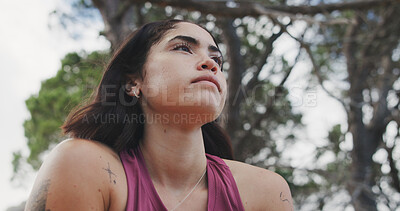 Buy stock photo Fitness, break or woman in nature with thinking, cardio fatigue or rest in outdoor practice. Exercise, low angle or runner in forest with reflection, training pause or recovery for performance goals.