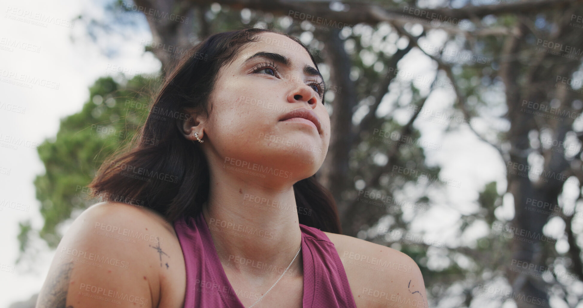 Buy stock photo Fitness, break or woman in nature with thinking, cardio fatigue or rest in outdoor practice. Exercise, low angle or runner in forest with reflection, training pause or recovery for performance goals.