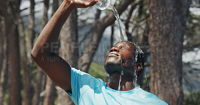 Buy stock photo Fitness, pour or black man in nature with water, cardio break or cool down in outdoor practice. Hydration, fatigue or runner with h2o splash, training pause or exercise burnout with recovery.