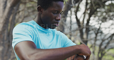 Buy stock photo Fitness, tired and man with smart watch outdoor to check cardio pace, monitor heart rate and sweat. Athlete, black person and workout timer in nature for sports performance, recovery time and resting