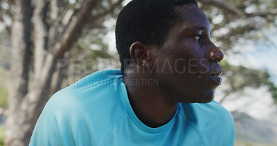 Buy stock photo Fitness, break or black man in nature with challenge, cardio fatigue or rest in outdoor practice. Stop, dedication or runner in forest with sweat, training pause and exercise burnout with recovery.