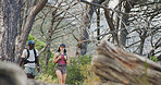 Fitness, hike or couple in woods with walking, partnership or cardio support in physical activity. Team, man or woman outdoor with exercise, workout collaboration or trekking together in nature hobby