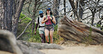 Fitness, hiking or couple in forest with walk, partnership or cardio support in physical activity. Team, man or woman outdoor with exercise, workout collaboration or trekking together in nature hobby